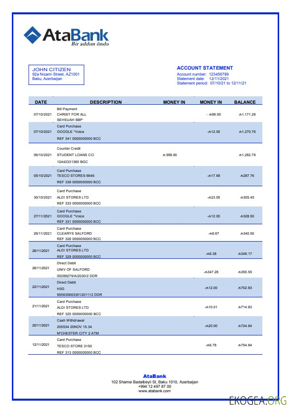 Modèle de relevé bancaire Azerbaïdjan Atabank au format Word et PDF